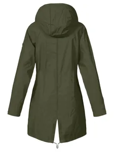 Back view of a women's olive green waterproof outdoor jacket with a hood and fishtail hem