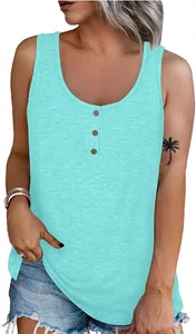 Detail view of a light blue sleeveless Henley tank top with functional buttons.