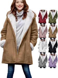 Manteau Femme Décontracté à Capuche Mi-Long Veste Polaire Doublée Sherpa Chaude Hiver Vêtements d'Extérieur Uni Ample Fermeture éclair Top