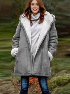 Manteau à capuche gris mi-long pour femme avec doublure en polaire blanche