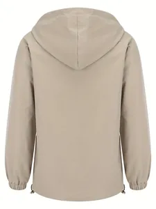Back view of a lightweight beige outdoor windbreaker jacket with hood and drawstring hem
