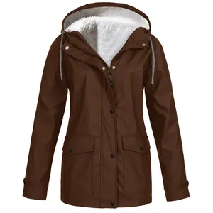 Front view of a brown fleece-lined hooded outdoor jacket with pockets