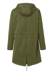 Detailed back view of an olive green hooded outdoor windbreaker jacket with waist drawstring