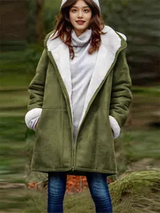 Manteau à capuche en polaire vert olive décontracté et ample pour femme, automne hiver