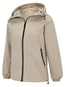 Beige women's lightweight hooded windbreaker with full zipper and functional drawstring hem