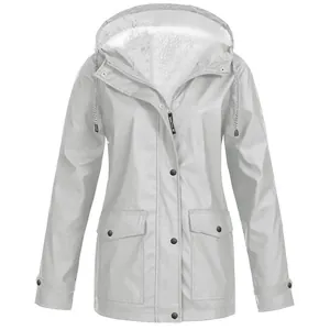 Women's light grey fleece-lined hooded outdoor jacket with warm lining and pockets