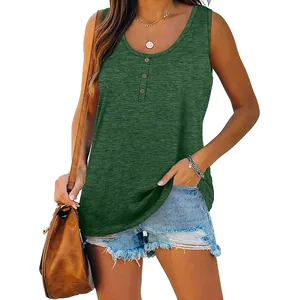 Dark green sleeveless tank top with round neck and buttons, loose fit casual style