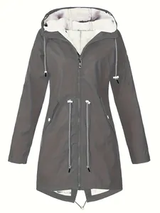 Front view of a grey women's fleece-lined hooded jacket with adjustable waist drawstrings