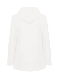 Vue arrière détaillée d'une veste à capuche d'extérieur blanche et imperméable.