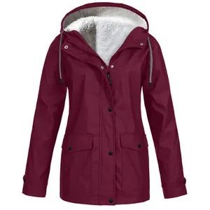Detailed view of women's burgundy fleece-lined hooded jacket for outdoor hiking
