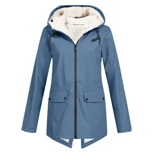 Blue fleece-lined hooded outdoor jacket with water-repellent shell and pockets
