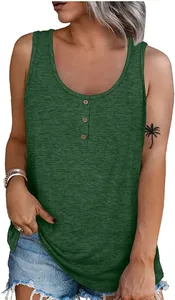 Women's casual dark green Henley tank top featuring wooden buttons and relaxed sleeveless fit