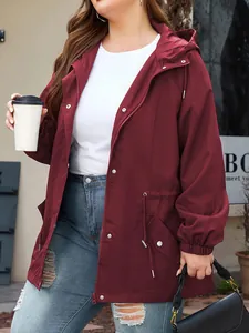 Women's stylish burgundy hooded waterproof outdoor windbreaker jacket detailed street view