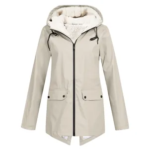 Detailed front view of women's beige outdoor hooded windbreaker jacket with warm fleece lining