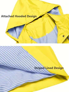 Détail de l'imperméable jaune montrant la capuche et la doublure rayée bleue
