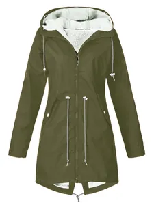 Detailed front view of an olive green outdoor jacket featuring a warm white fleece lining