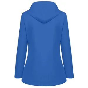 Detailed back view of a vibrant blue outdoor hooded windbreaker mountaineering jacket