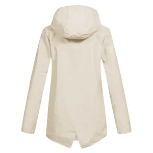 Back view of beige hooded outdoor jacket with water-resistant fabric and fishtail hem
