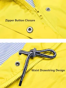 Gros plan d'une veste imperméable jaune montrant la fermeture éclair et le cordon.