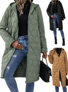 Women Long Hooded Quilted Cotton Padded Jacket Wave Pattern Zip Up Casual Warm Winter Outerwear Top