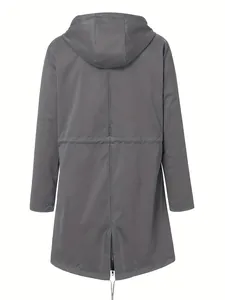 Detailed back view of a grey waterproof hooded outdoor jacket featuring a waist drawcord