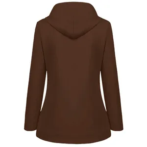 Back view of brown hooded outdoor hiking jacket with fleece lining for autumn