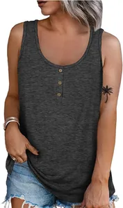 Close-up of charcoal grey sleeveless tank top with three button placket design detail