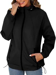 Women's lightweight black hooded windbreaker jacket with zipper closure