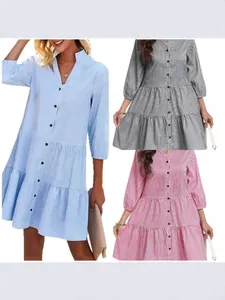 Robe Chemise Décontractée à Carreaux Gingham pour Femmes Col Montant Polyester Ourlet à Étages Simple Boutonnage Manches Mi-longues Robe Midi
