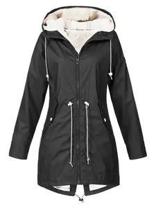 Outdoor fleece-lined hooded jacket for women in black color with drawstring waist