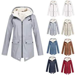 Women's Outdoor Hooded Jacket Windproof Waterproof Polyester Fleece Lined Jacket Autumn Winter Casual Top Outerwear