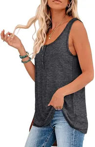 Close-up of sleeveless henley tank top with decorative buttons and heathered texture