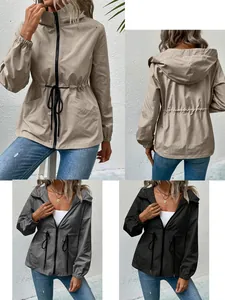 Women's Waterproof Windbreaker Jacket Hooded Drawstring Waist Outdoor Climbing Long Sleeve Loose Fit Polyester Outerwear Top
