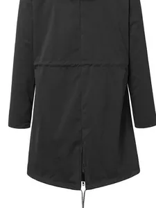 Detailed back view of black outdoor jacket featuring adjustable hem zipper and drawstring