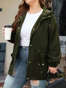 Stylish women's army green waterproof outdoor windbreaker jacket with hood and waist drawstring