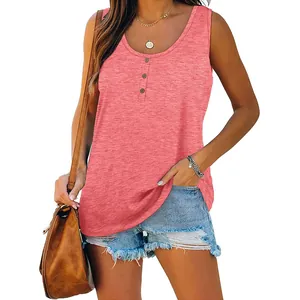 Women's casual sleeveless button-front henley top in heathered pink paired with denim shorts