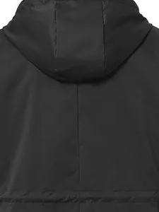 Back view detail of a black outdoor hooded jacket showing stitching and hood texture
