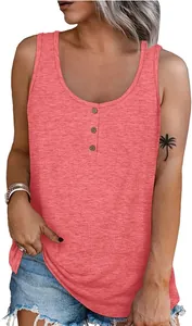 Close-up of a casual coral pink sleeveless tank top with three-button placket detail.