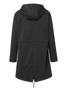 Detailed back view of a minimalist black outdoor hooded hiking jacket with bottom zipper