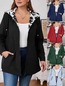 Women's Lightweight Outdoor Hooded Windbreaker Jacket With Floral Lining Drawstring Waist Plus Size Polyester Top For Casual Travel