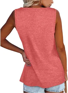 Back view detail of a women's coral pink sleeveless tank top with a relaxed fit design