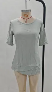 Women's light green short-sleeved shirt with layered asymmetrical hem design