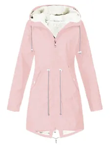 Pink fleece-lined hooded outdoor climbing jacket for women with white lining