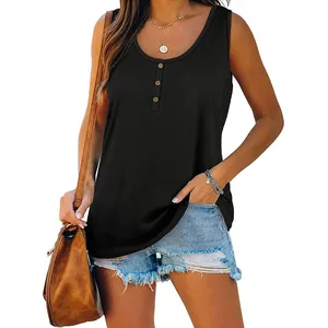 Casual women's black sleeveless henley tank top with stylish buttoned neckline detail