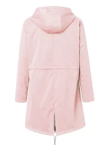 Rear view detail of a pink women's outdoor jacket with drawstring waist and zip hem