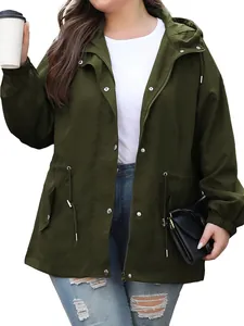Close-up of olive green waterproof windbreaker jacket for women with drawstring waist