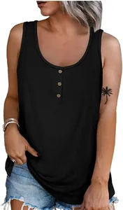 Close-up of women's black Henley tank top featuring a functional three button placket