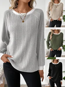 Camiseta Informal de Estilo Europeo para Mujer Manga Larga Cuello Redondo Top Acanalado Estampado Patchwork Camiseta para Comodidad Diaria