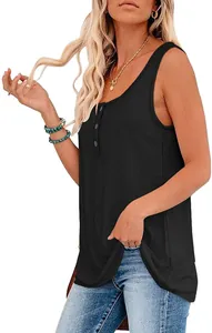 Close-up of women's loose black sleeveless Henley tank top with button details