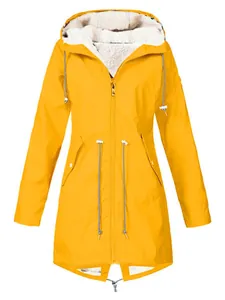 Yellow fleece-lined hooded windbreaker with adjustable drawstring waist and warm sherpa lining